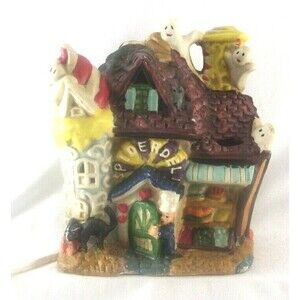 Vintage Ceramic Lighted Halloween House  Spider Deli Ghosts Pumpkins